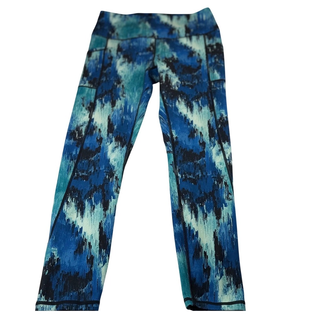 Reebok Mid Rise Leggings Blue Abstract Print Side Pocket‎ Athletic Activewear M